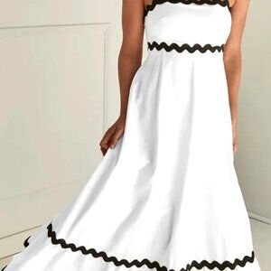 WHITE MAXI DRESS VERY SILKLIKE CHIFFON FEEL WITH BLACK RICKRACK